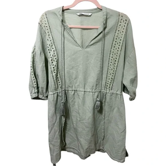 Zara Sage Green Linen Blend Eyelet Tassel Mini Dress Womens Medium - Picture 2 of 11